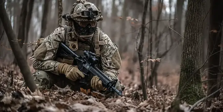 Airsoft player in camouflage moving through woodland