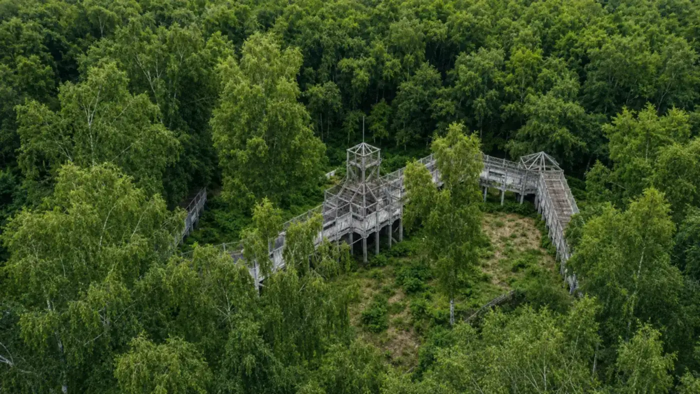 Aerial view of the 300 ft paintball bridge and watchtower above the trees