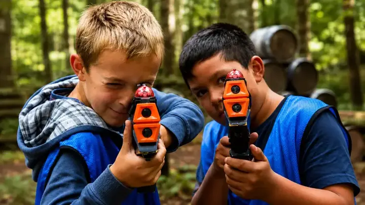 Two boys aiming laser tag blasters