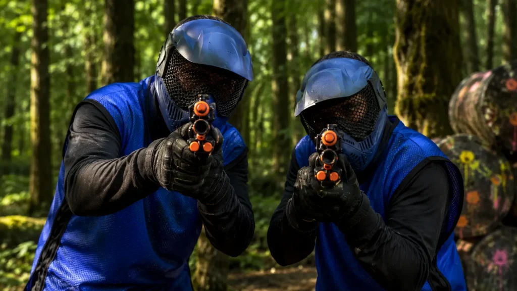 Two colleagues aiming laser tag guns during a team day